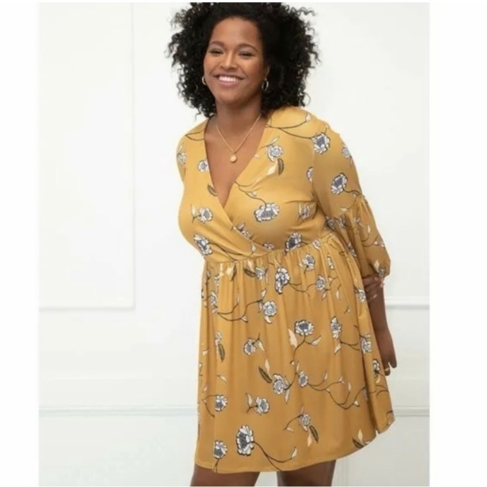 ELOQUII Elements Dress Womens Size 14/16 Mustard Yellow Floral Mini Fit & Flare